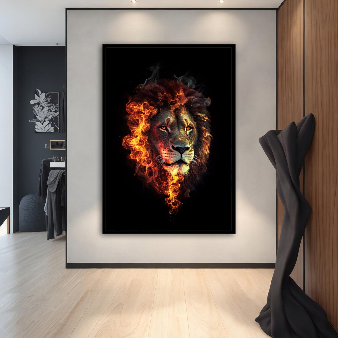 Burning Lion Flaming Mane Black Background Fiery Power Animal Art Poster