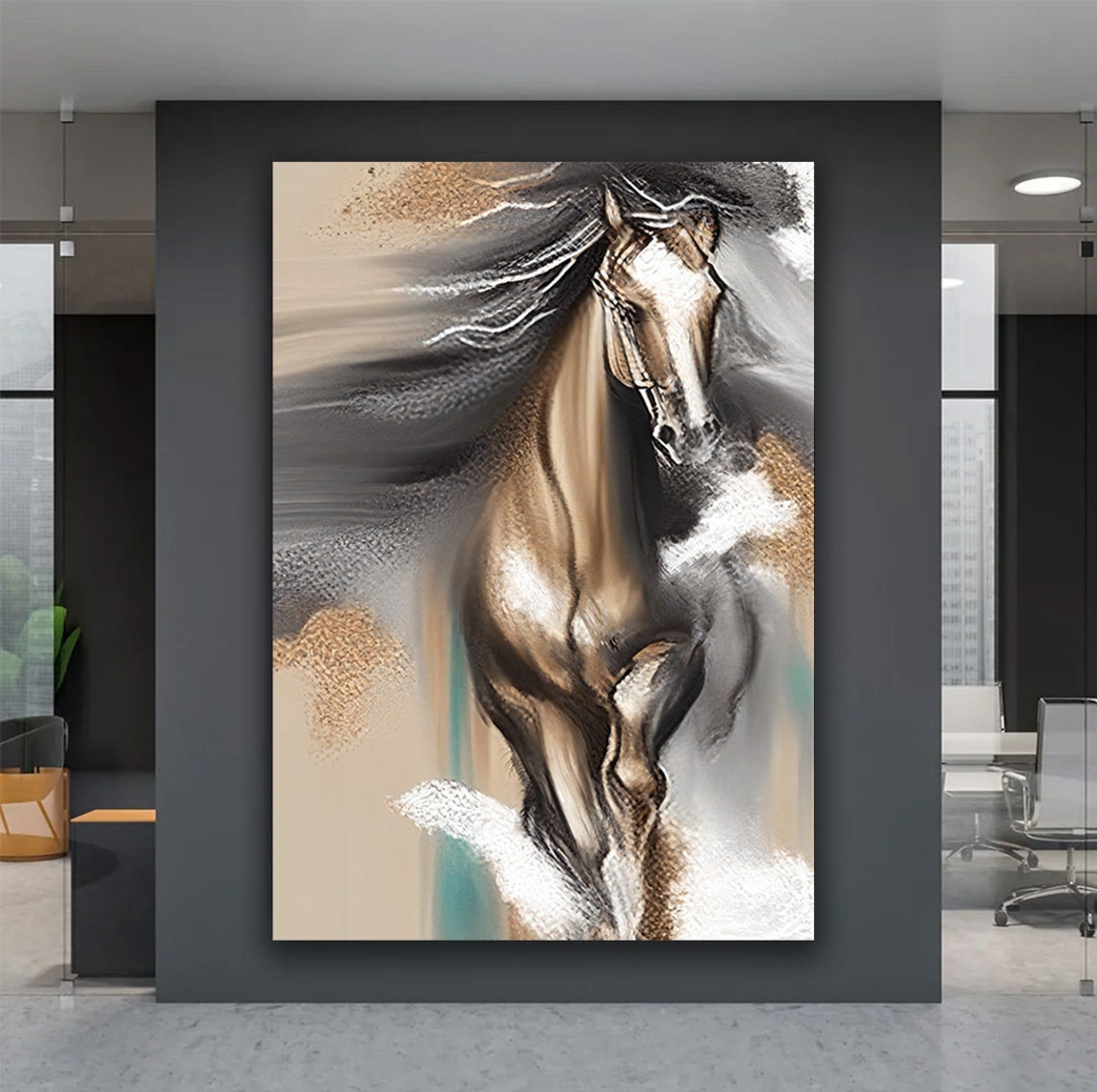 Golden Running Horse Abstract Wild Mane Equine Wall Art Poster - Image 5