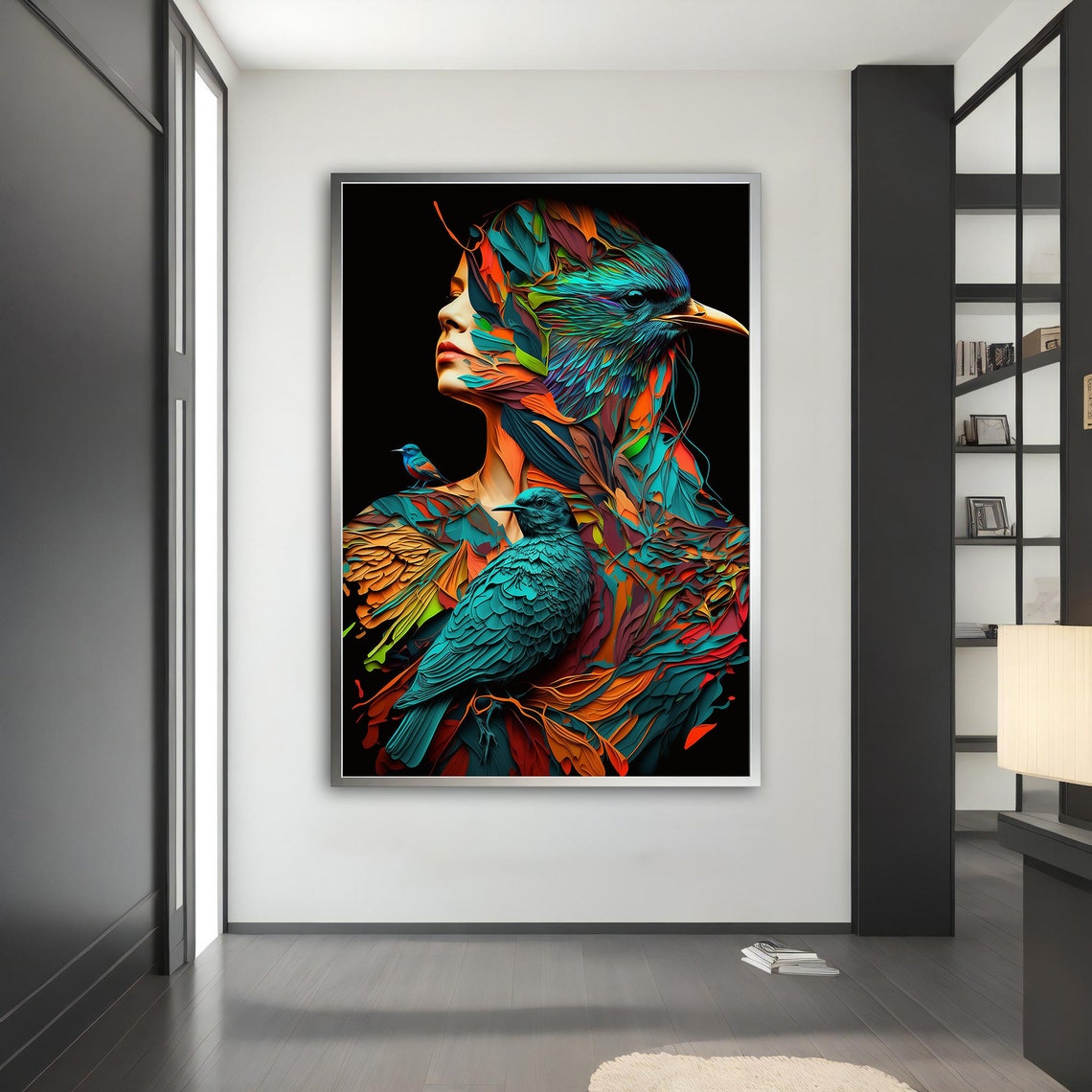 Colorful Bird Woman Surreal Feathers Teal Orange Portrait Wall Art - Image 2