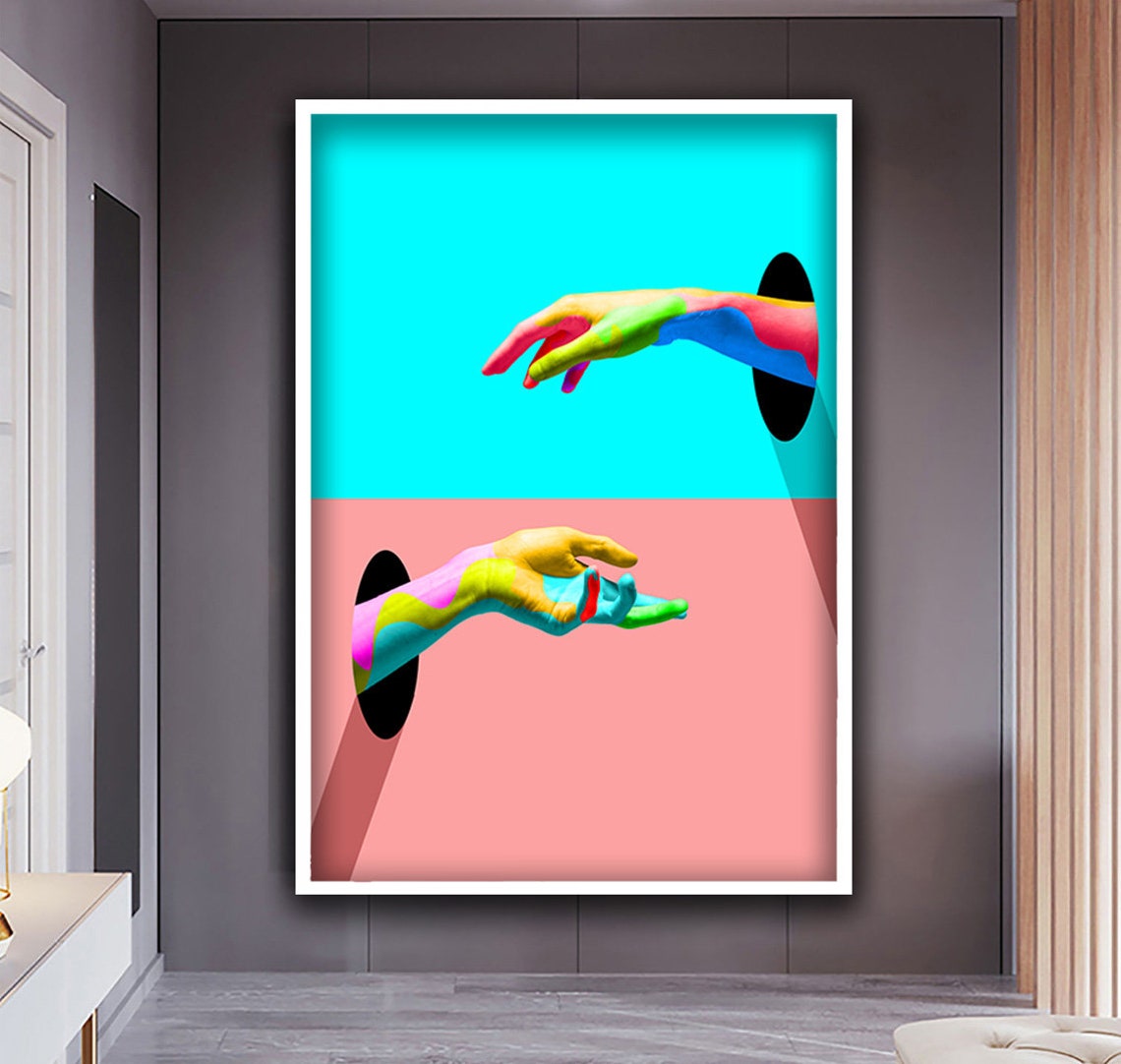 Rainbow Painted Hands Creation of Adam Style Pop Art Modern Poster - Image 3