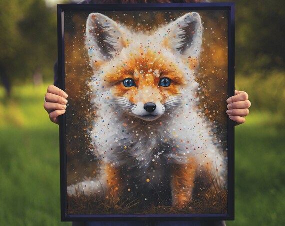 Fox Kit Portrait Blue Eyes Colorful Speckles Magical Wildlife Art Print