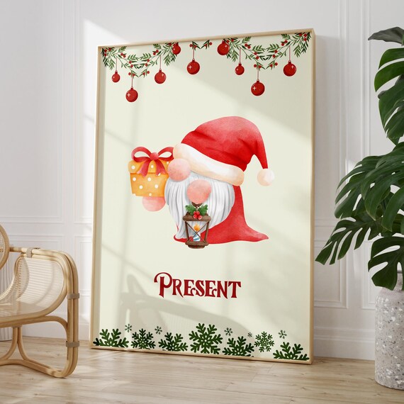 Christmas Gnome With Gift and Lantern Present Holiday Poster
