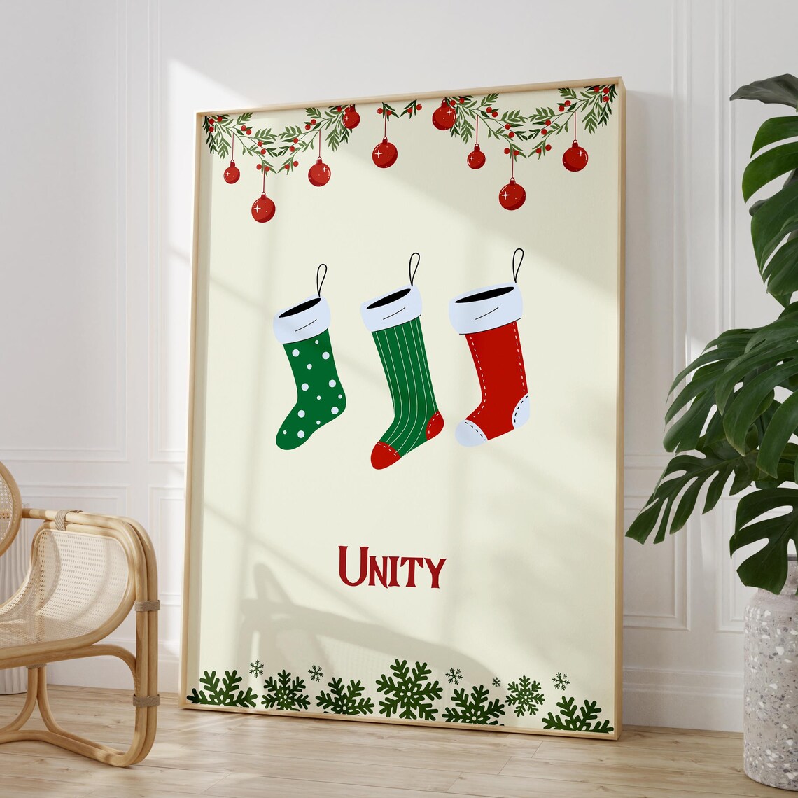 Christmas Unity Stockings Red Green Holiday Decor Art Poster