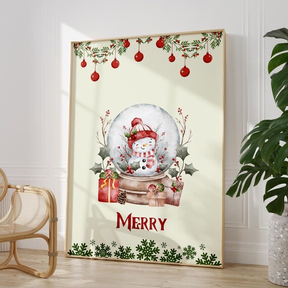 Merry Christmas Snowman Snow Globe Gifts Watercolor Holiday Poster