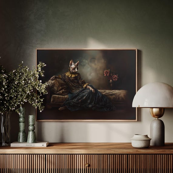 Gothic Sphynx Cat Renaissance Gown Dark Moody Portrait Wall Art
