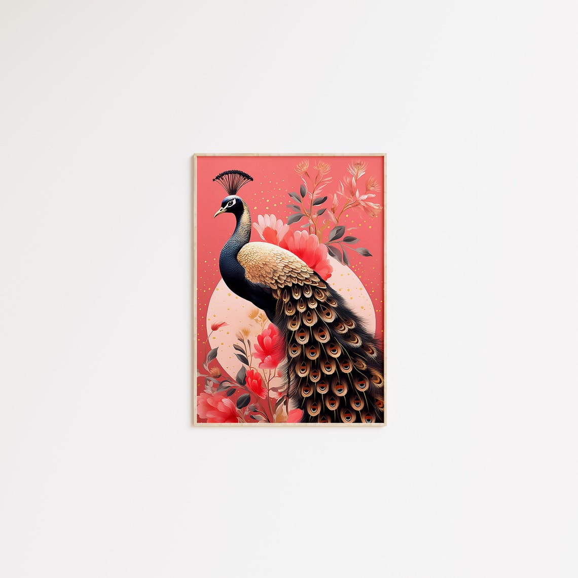Elegant Peacock on Coral Pink Background with Floral Blooms Poster - Image 2