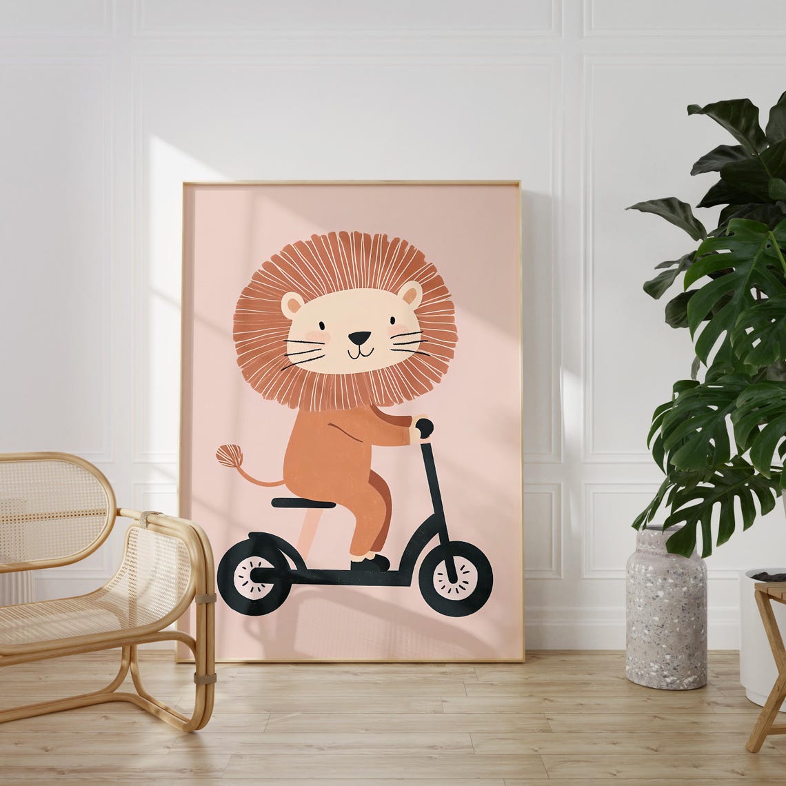 Adorable Cute Lion Riding a Scooter Blush Pink Nursery Poster - Image 2