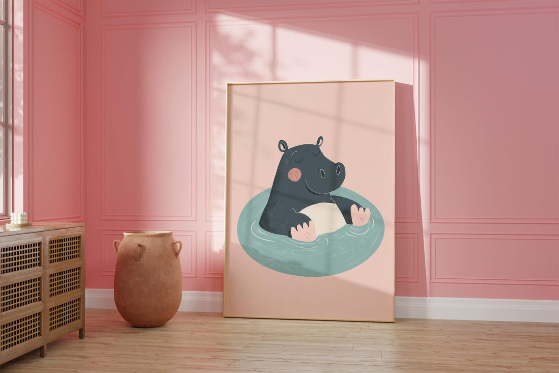 Cute Happy Hippo Soaking in a Pool Blush Pink Nursery Poster - Image 3