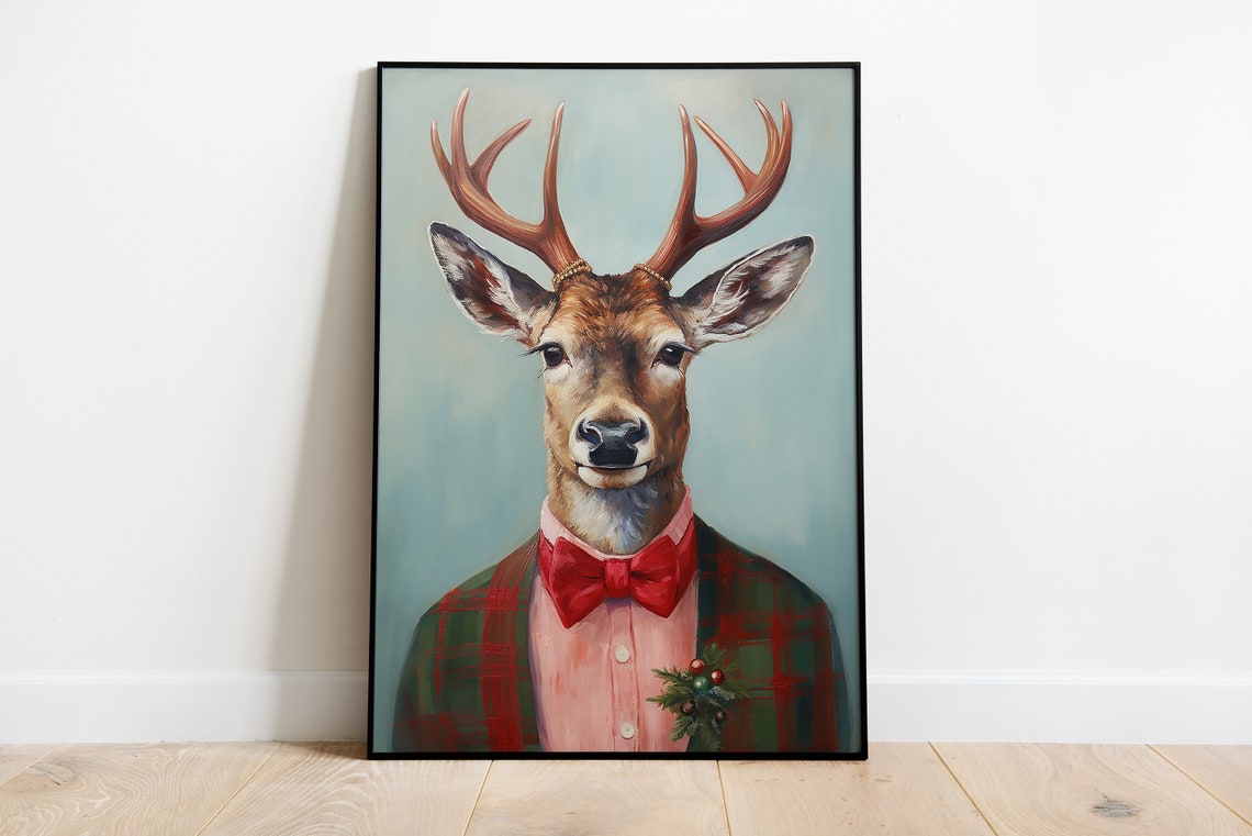 Proud Stag in Red Bow Tie Green Plaid Christmas Jacket Poster