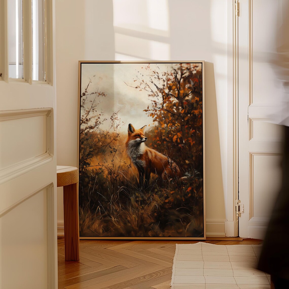 Red Fox Standing Alert in Golden Autumn Meadow Oil Painting Poster