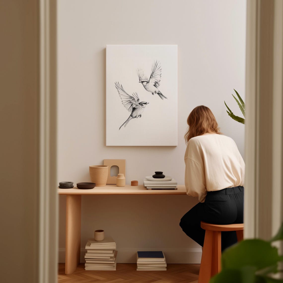 Minimalist Sparrows in Flight Black White Bird Sketch Canvas Wall Art