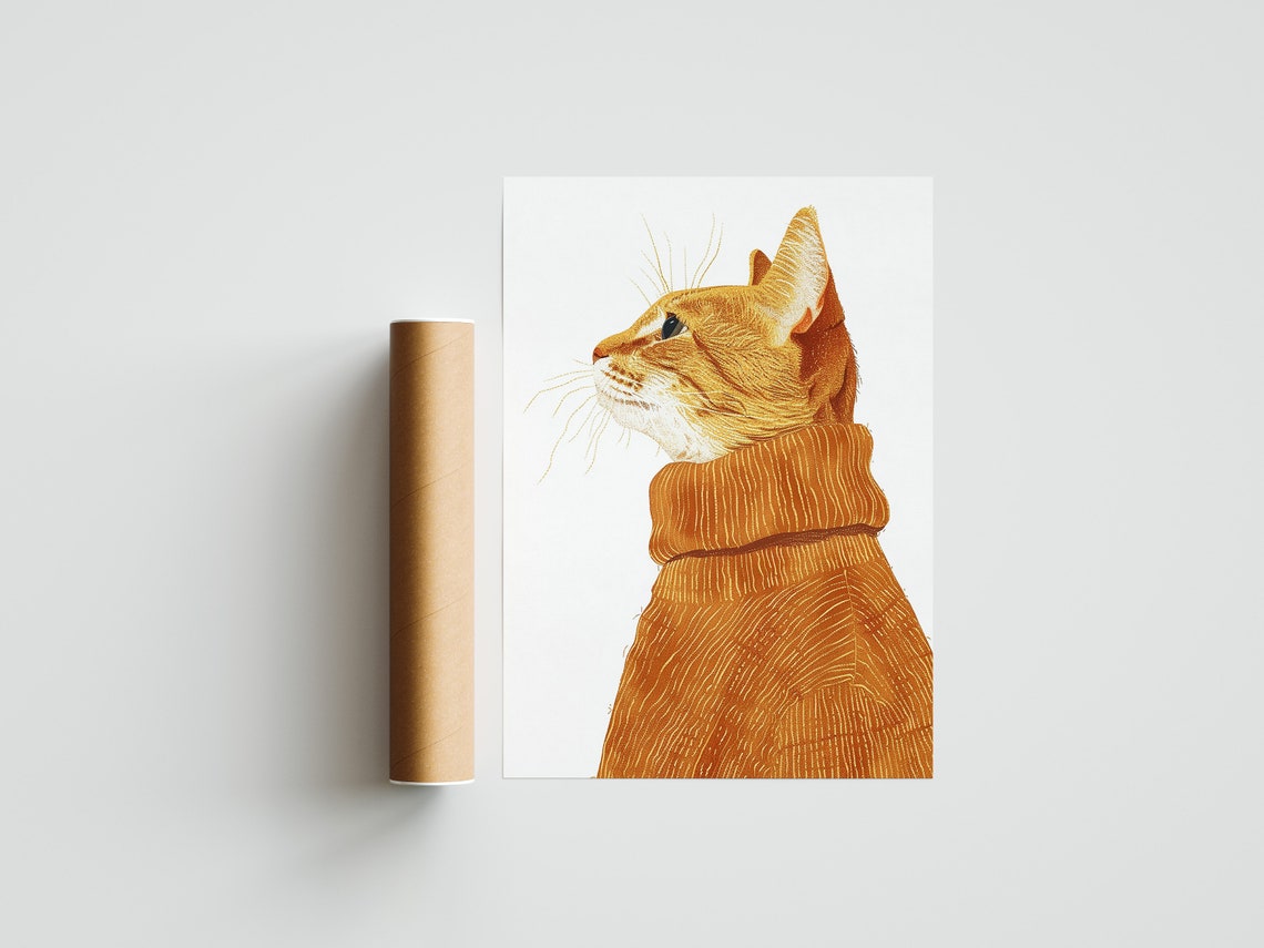 Ginger Tabby Cat in Cozy Mustard Turtleneck Illustration Poster - Image 3