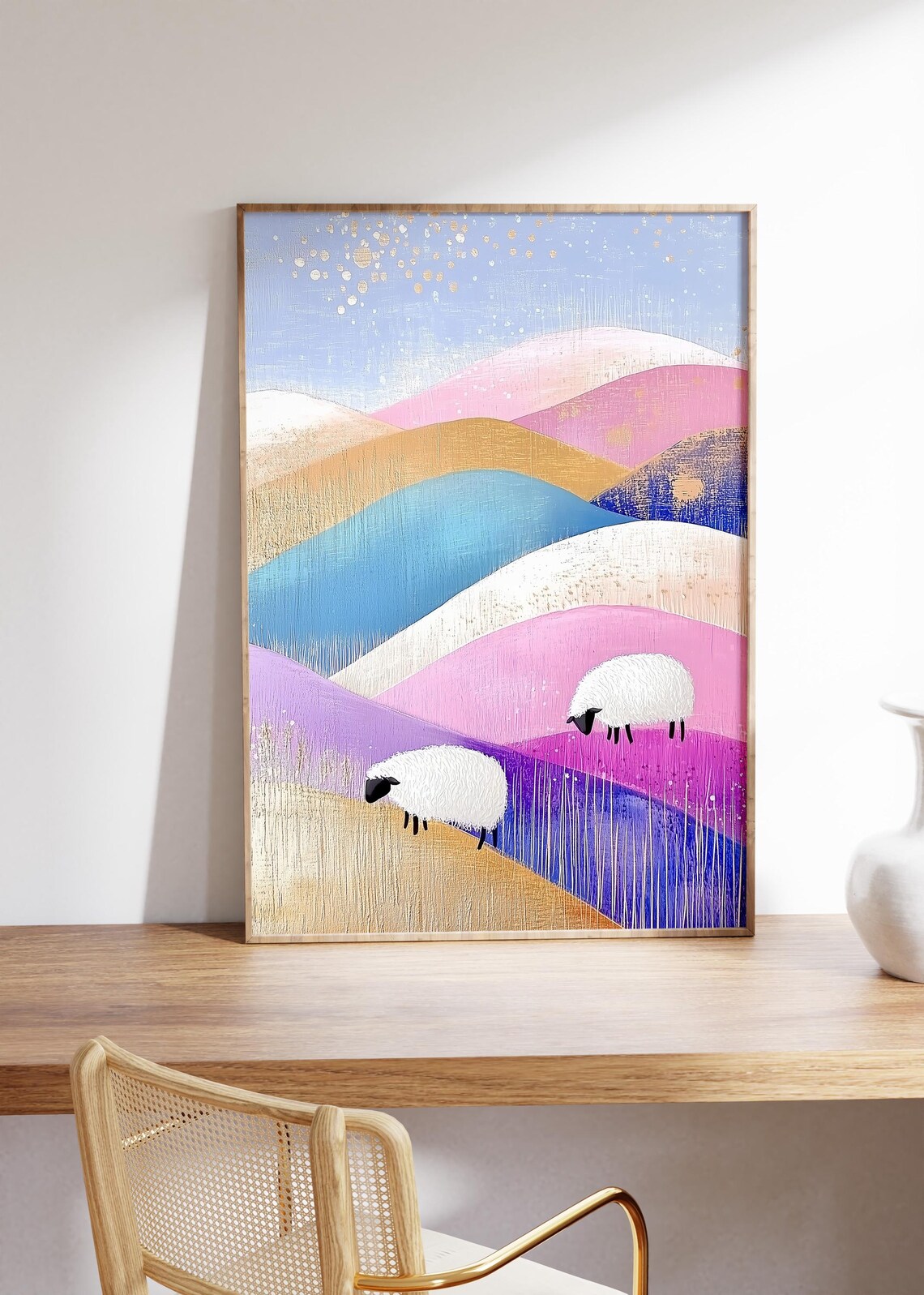 Two Sheep Grazing on Pastel Rainbow Rolling Hills Landscape Poster - Image 4