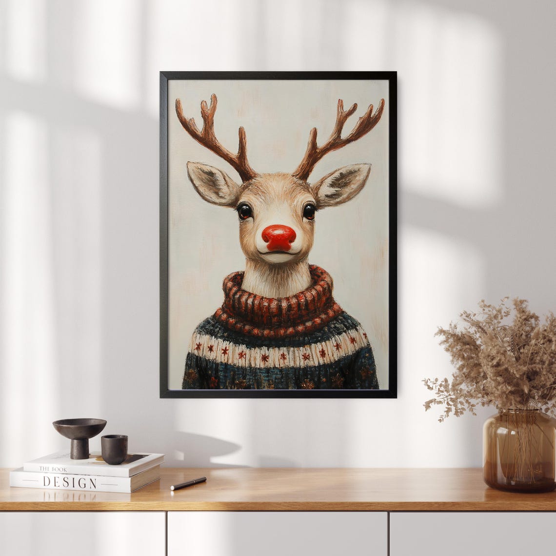 Adorable Red Nosed Reindeer in Cozy Knit Christmas Sweater Poster - Image 5