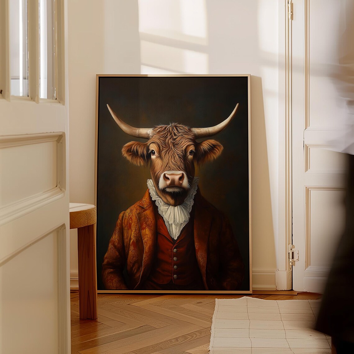 Highland Cow Gentleman Portrait Red Brocade Suit Lace Cravat Poster