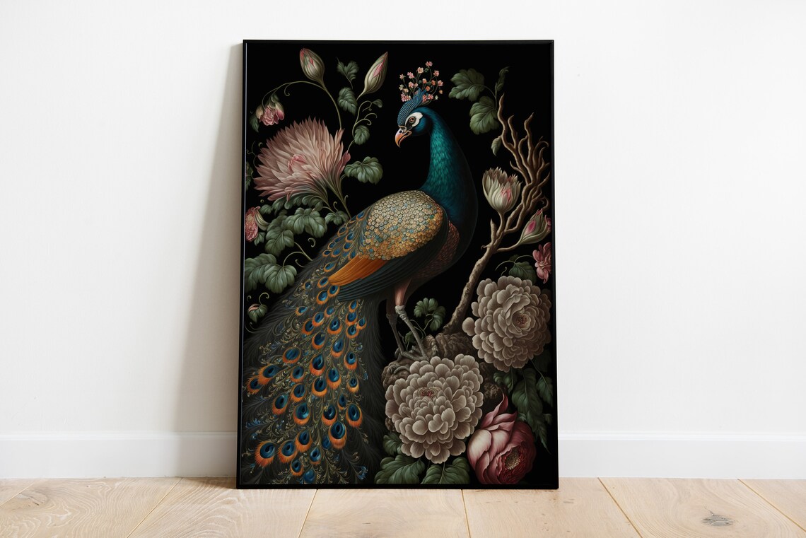 Peacock Dark Moody Vintage Botanical Bird Oil Painting Wall Art