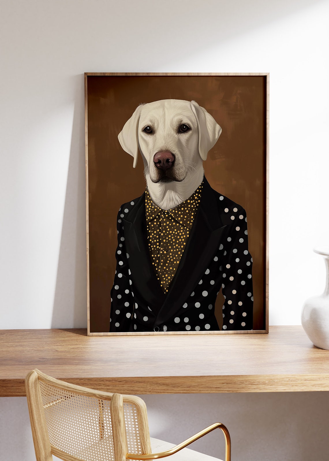 Cream Labrador Dog in Stylish Polka Dot Suit Portrait Poster - Image 5