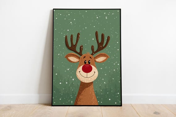 Rudolph The Rednosed Reindeer Art Print Cute Christmas Wall Decor Smiling Holiday Deer Illustration Unframed Kids Room Xmas Poster