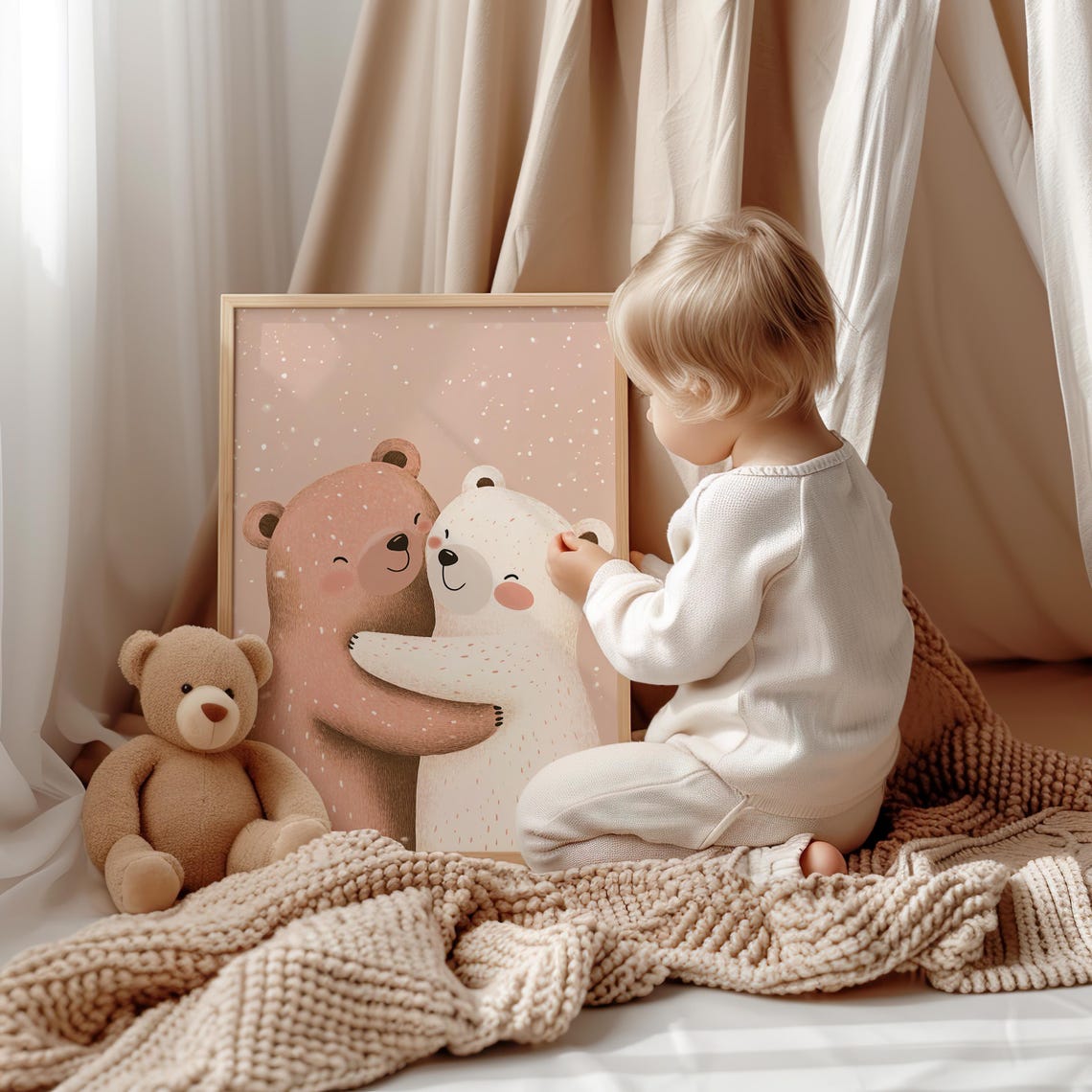 Two Bears Hugging in the Snow on a Blush Pink Nursery Poster - Image 5