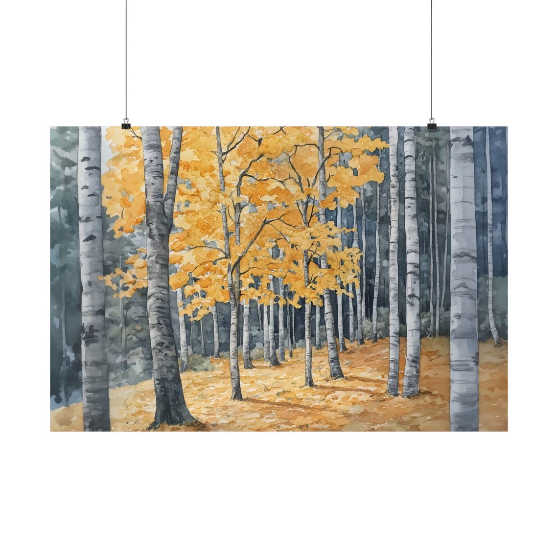 Golden Birch Forest Autumn Watercolor Trees Landscape Poster