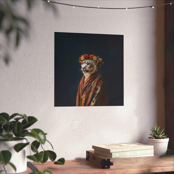 Majestic Snow Leopard Flower Crown Kimono Maximalist Cat Poster