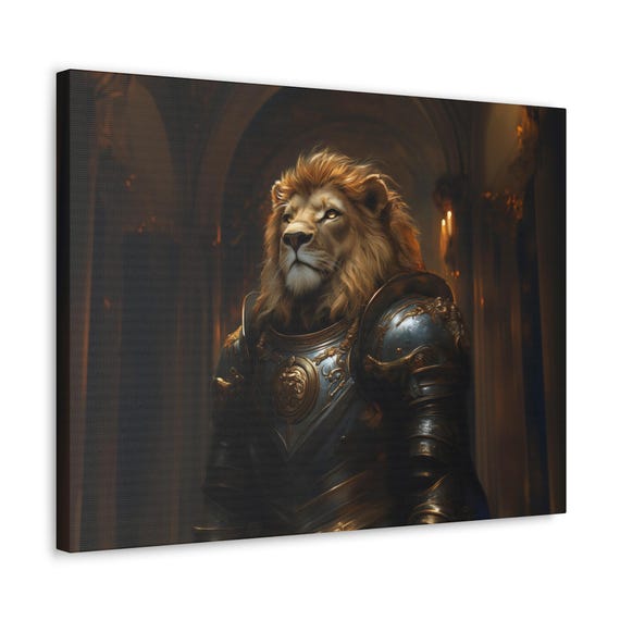 Maximalist Eclectic Medieval Lion Knight Print Bold Altered Animal Portrait Fantasy Fun Colorful Renaissance Rustic Vintage Art
