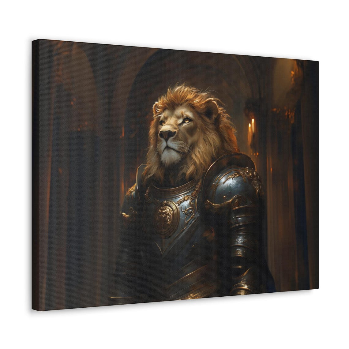 Male Lion Knight In Ornate Armor Dark Candlelit Hall Portrait Poster