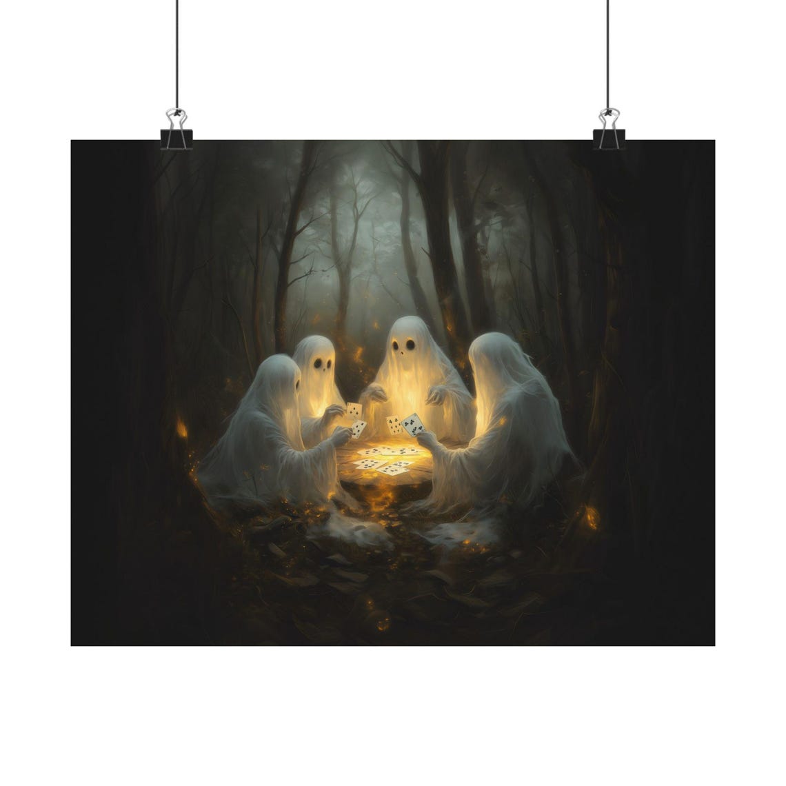 Four Ghosts Playing Cards In A Misty Forest Halloween Poster