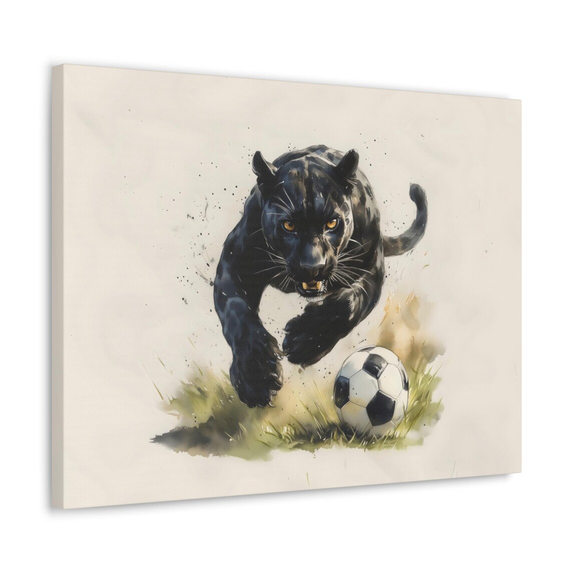 Black Panther Soccer Strike Dramatic Watercolor Wildlife Poster