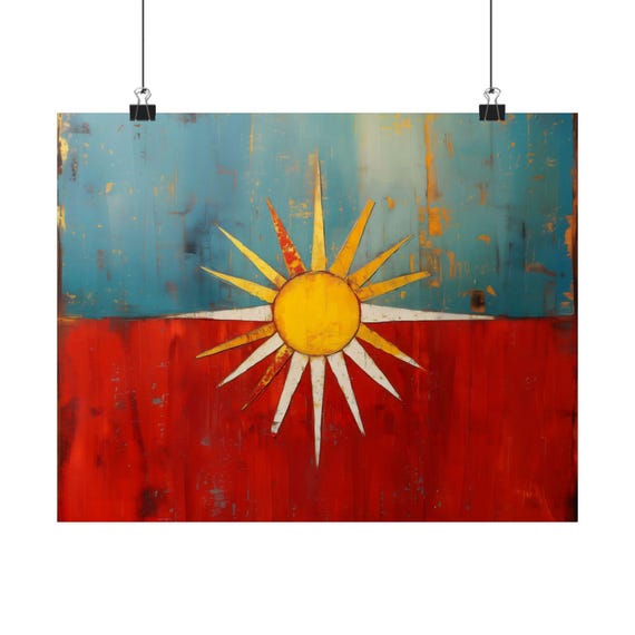 Vintage Weathered Geometric Sun Poster Print Landscape Modern Painting Outdoor Nature Rustic Bright Wall Print Airbnb Art Wall Decor