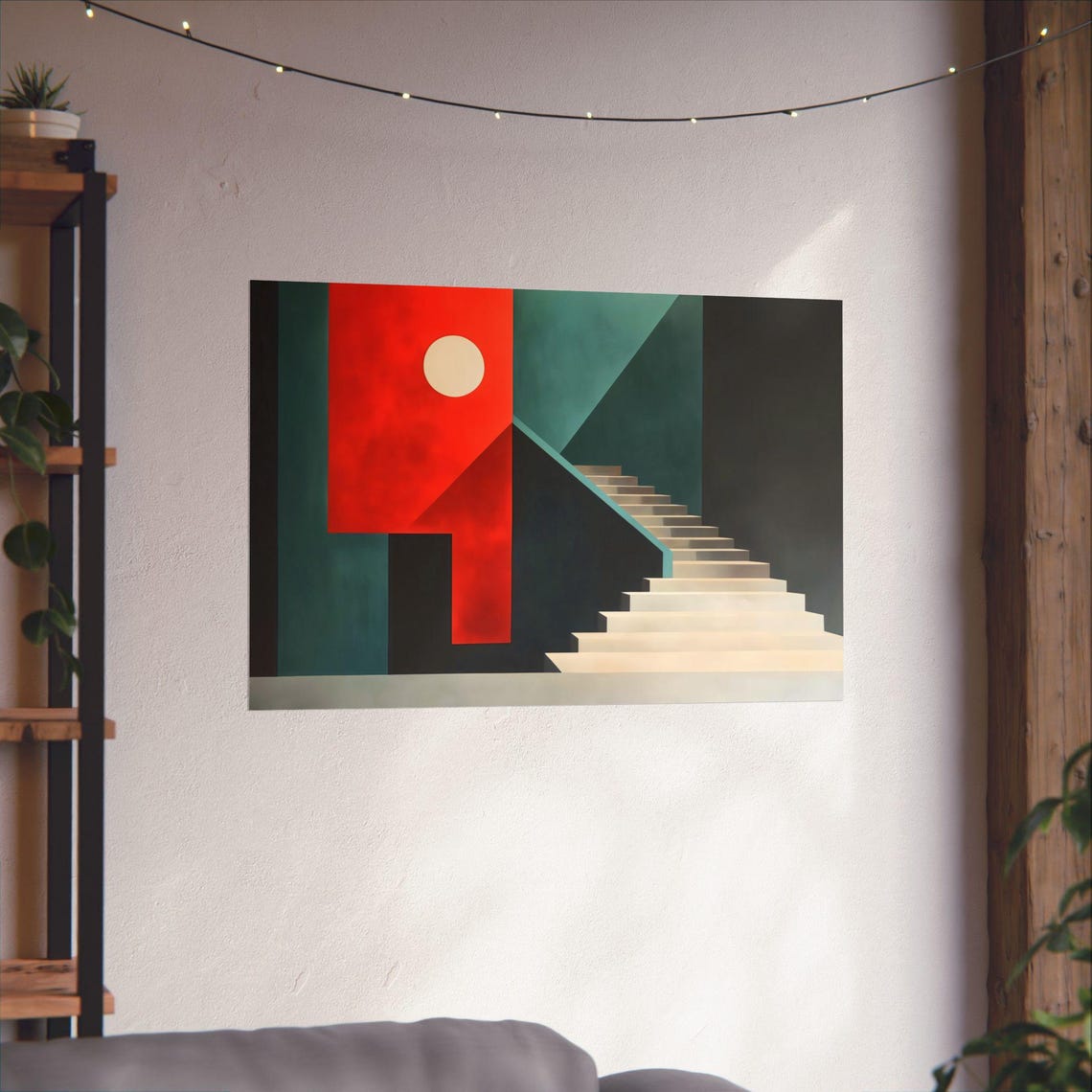 Modern Geometric Stairs Rising Sun Red Teal Bauhaus Wall Art - Image 2