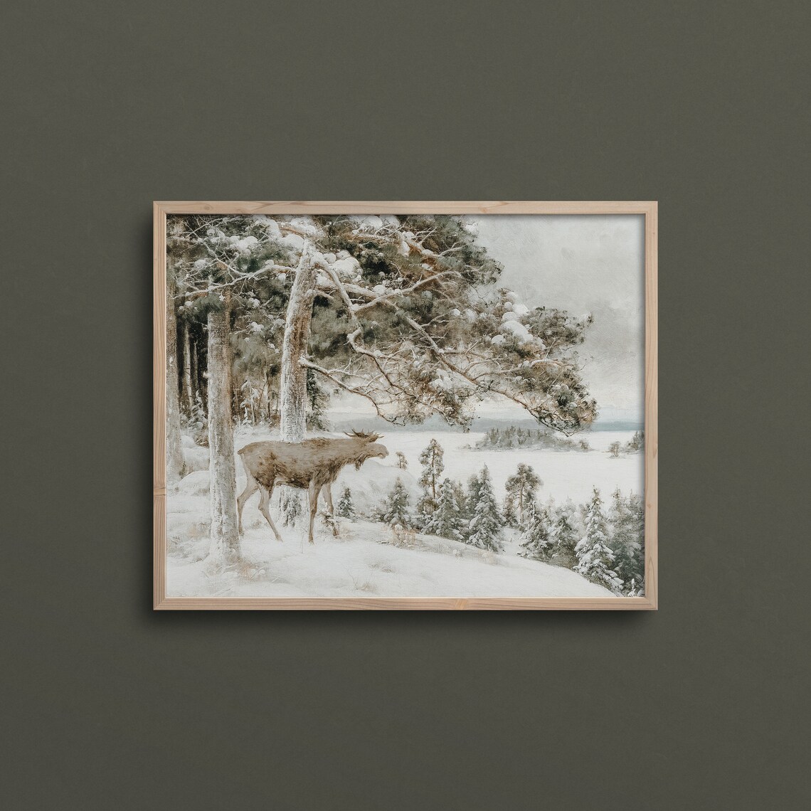 Winter Moose In Snowy Forest Frozen Lake Vintage Wildlife Art Poster - Image 2