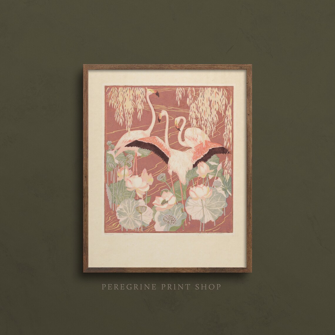 Flamingos Among Lotus Flowers Vintage Woodblock Style Bird Art Print - Image 3