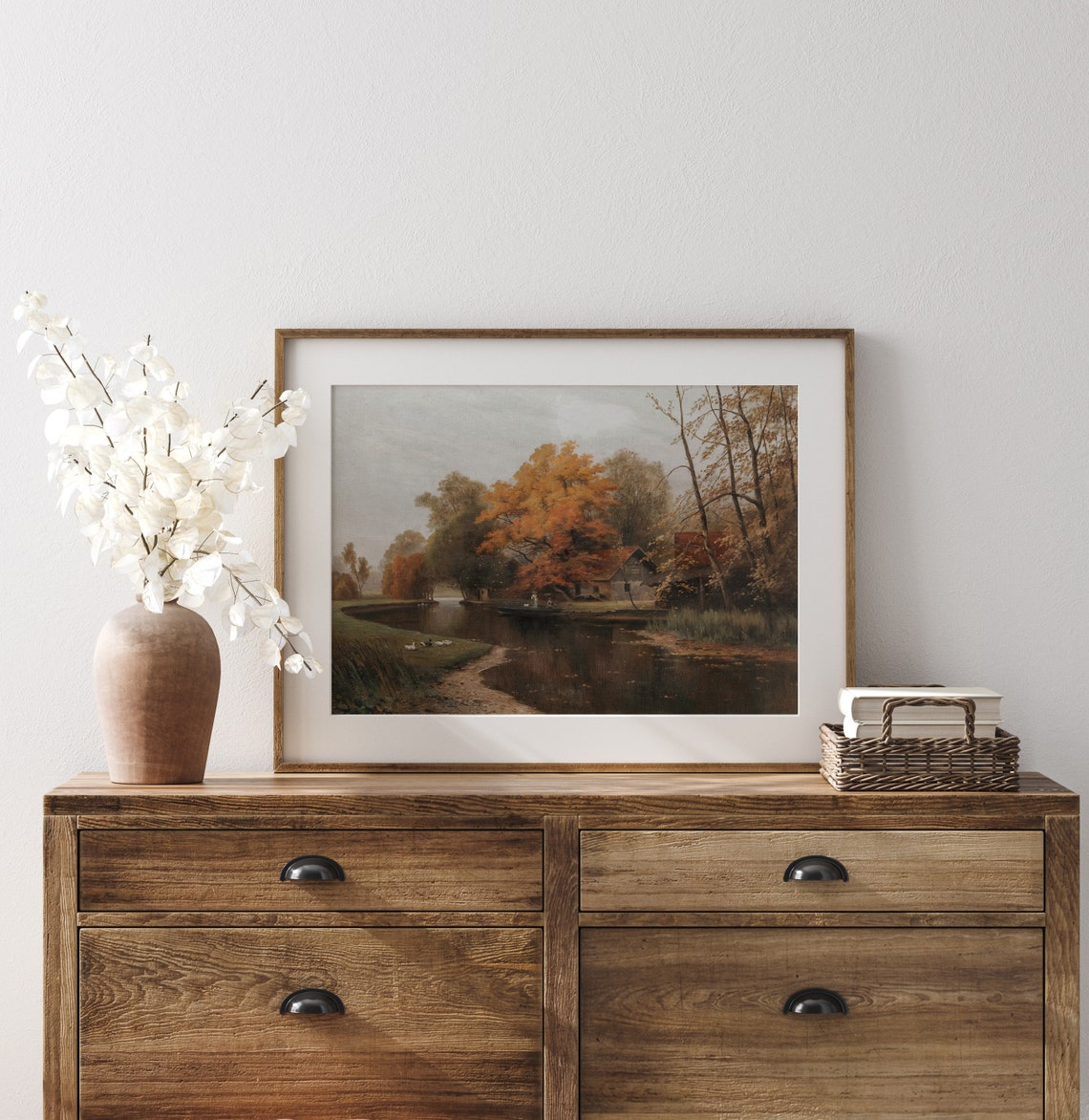 Autumn River Cottage Moody Orange Foliage Riverside Painting Poster - Image 3