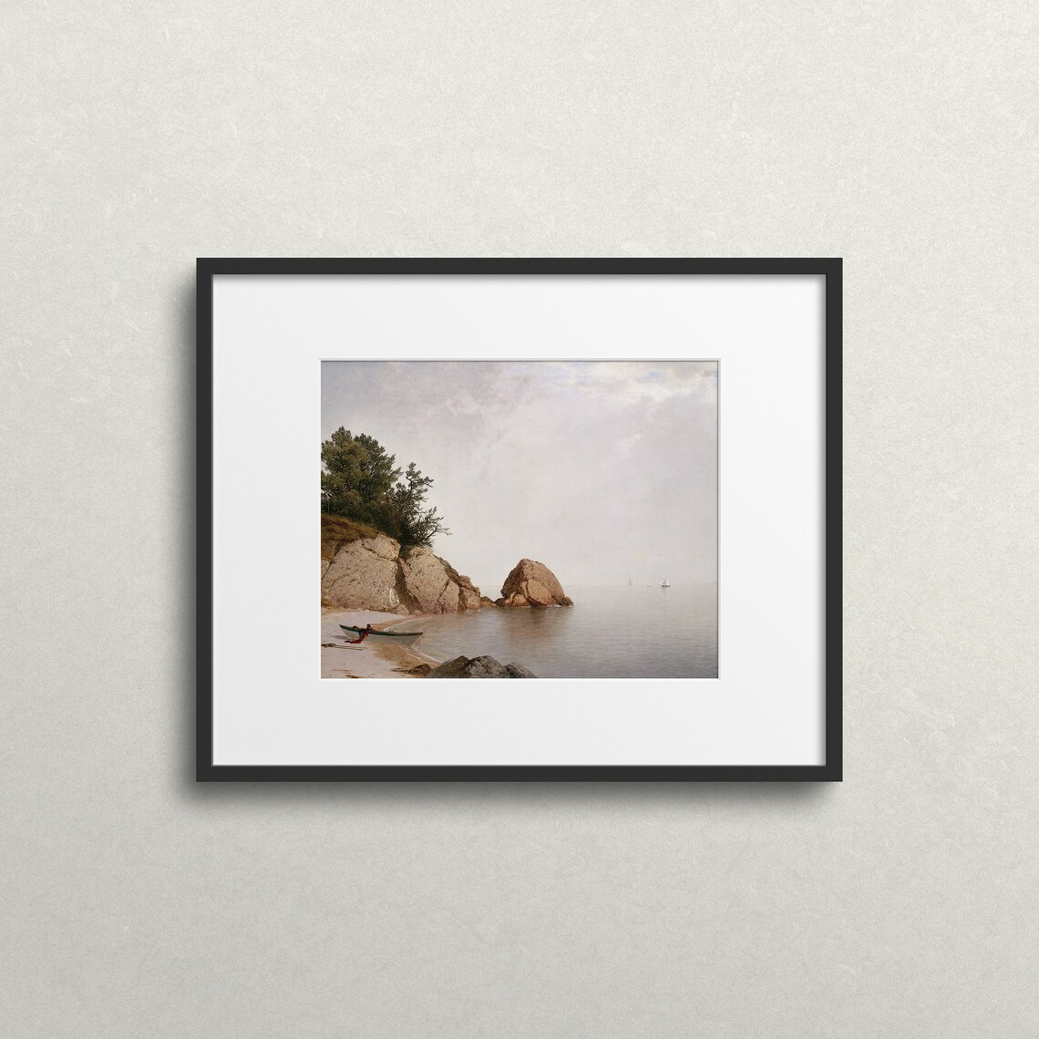 Rocky Cove Rowboat Sailboats Calm Sea Vintage Coastal Landscape Painting Poster - Image 2