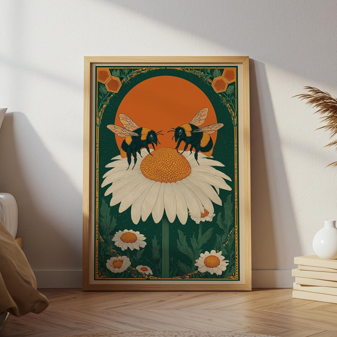 Bee and Daisy Folk Art Vintage Botanical Illustration Wall Art