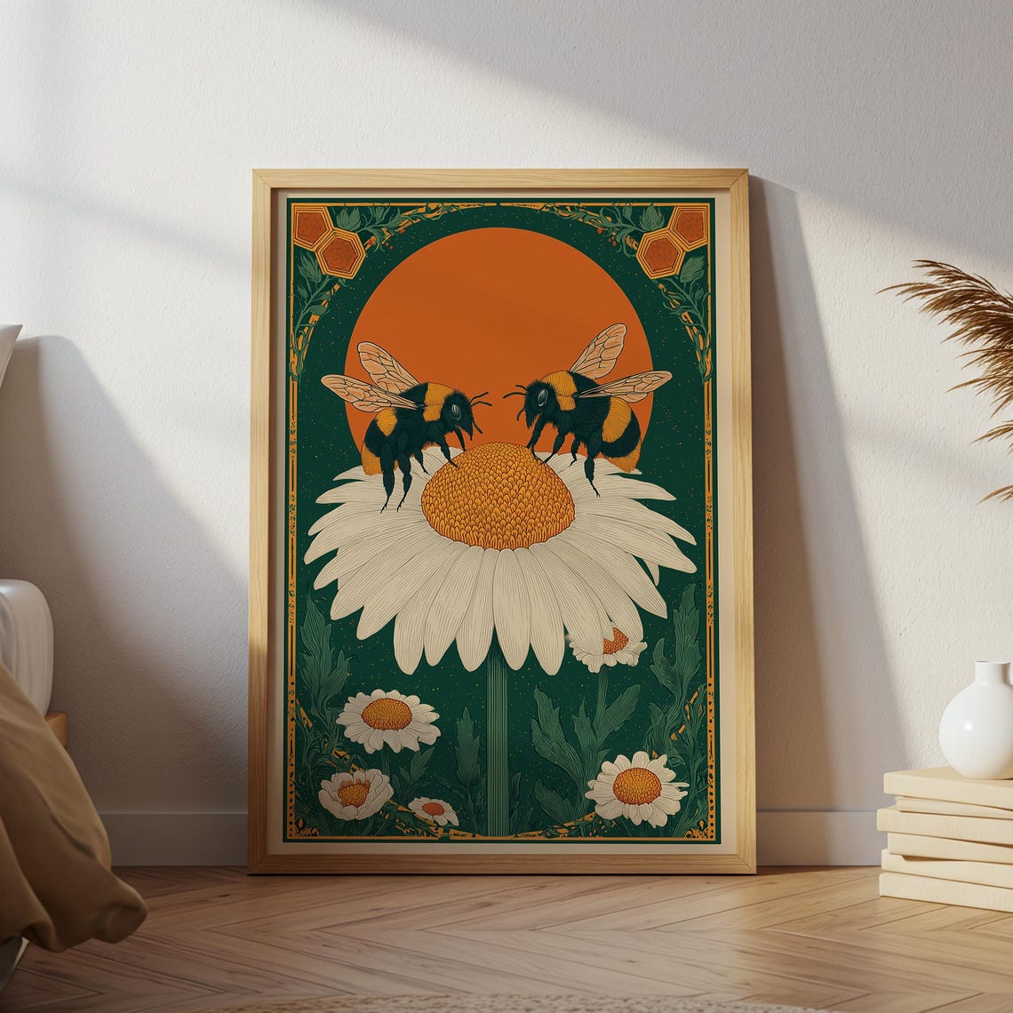 Bee Folk Art Print Vintage Daisy Illustration