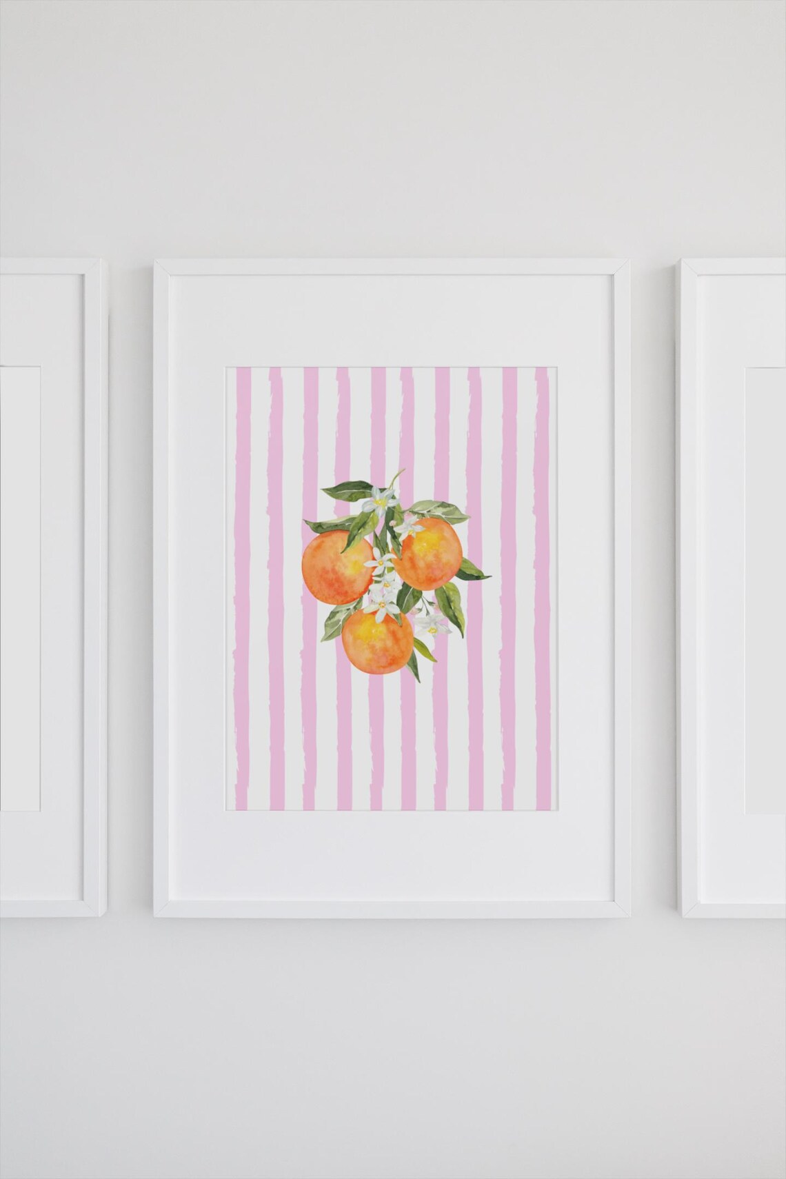 Orange Branch with Blossoms on Pink Stripes Citrus Kitchen Poster
