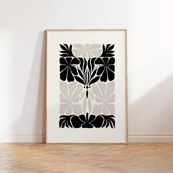 Dark Flowers Abstract Floral Art Print, Black White