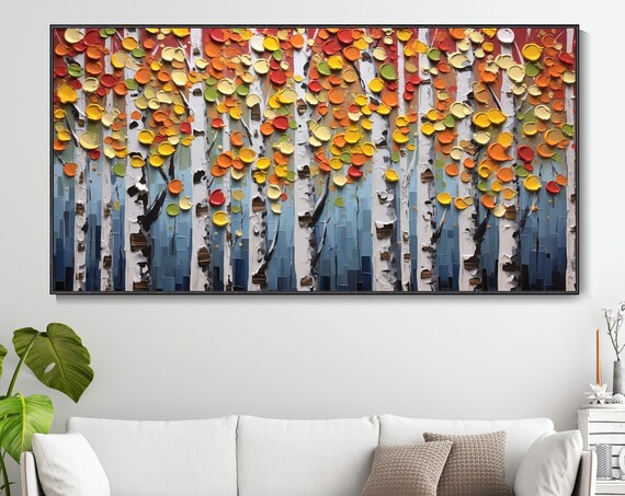 3d Textured Hand Oil Painting Colorful Trees Abstract Forest Birch Woods Home Wall Decor Modern Boho Impressionist Bedroom Landscape Art