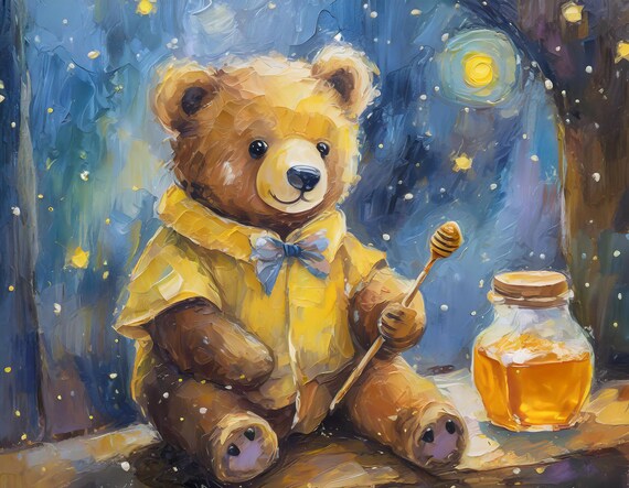 Cuddly Teddy Bear With Honey Jar Starry Night Nursery Wall Art Poster