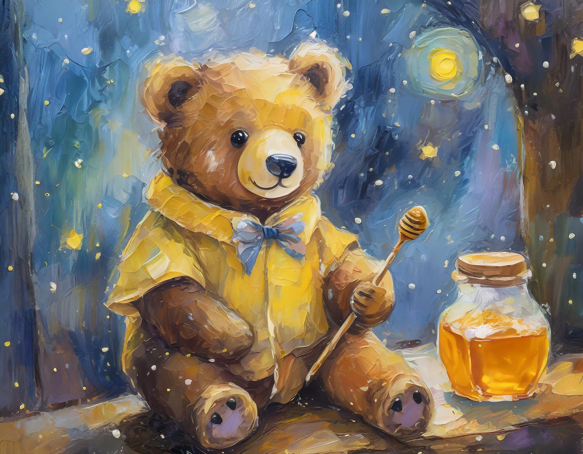 Cuddly Teddy Bear With Honey Jar Starry Night Nursery Wall Art Poster