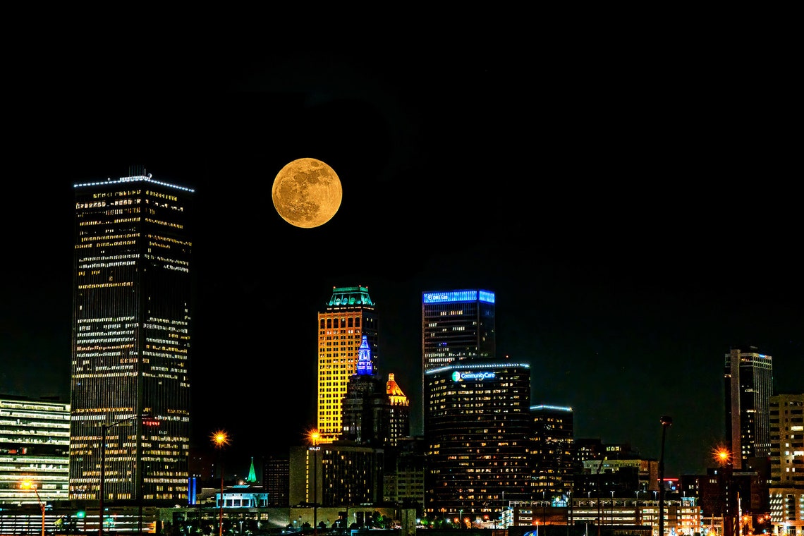 Tulsa Skyline Night Full Moon Lit Downtown Towers View Poster