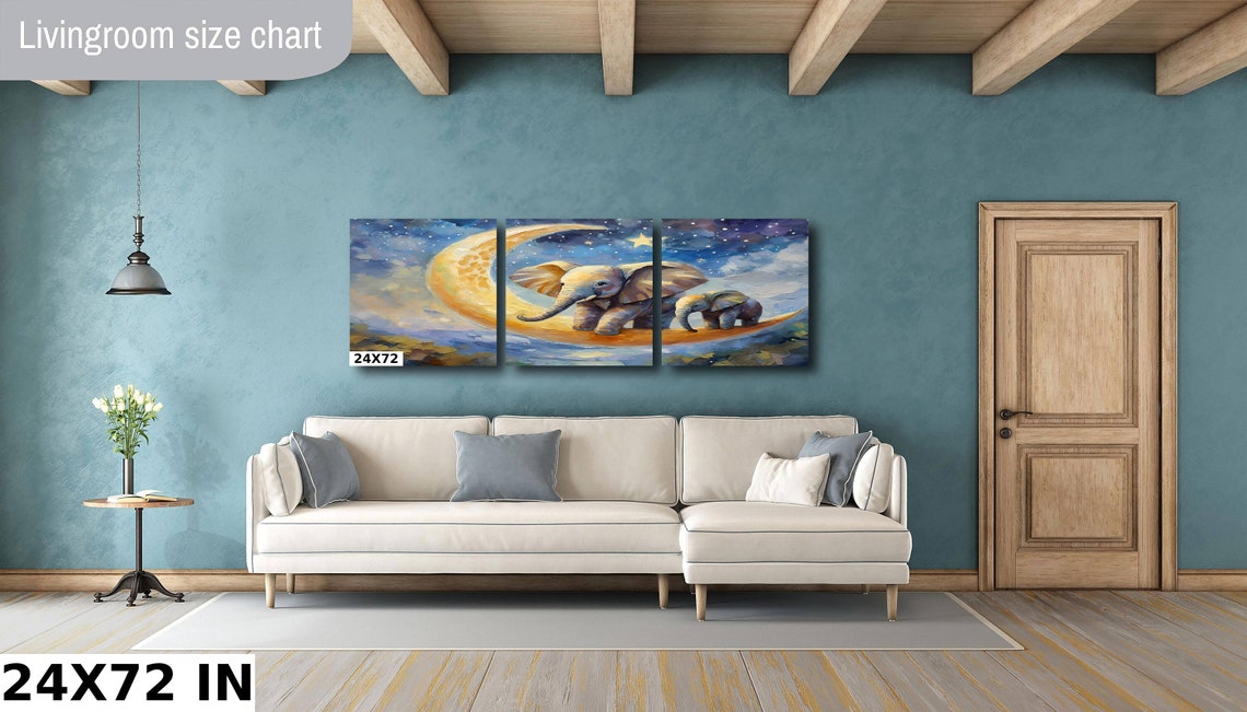 Baby Elephant And Mother On Golden Crescent Moon Starry Sky Poster - Image 3