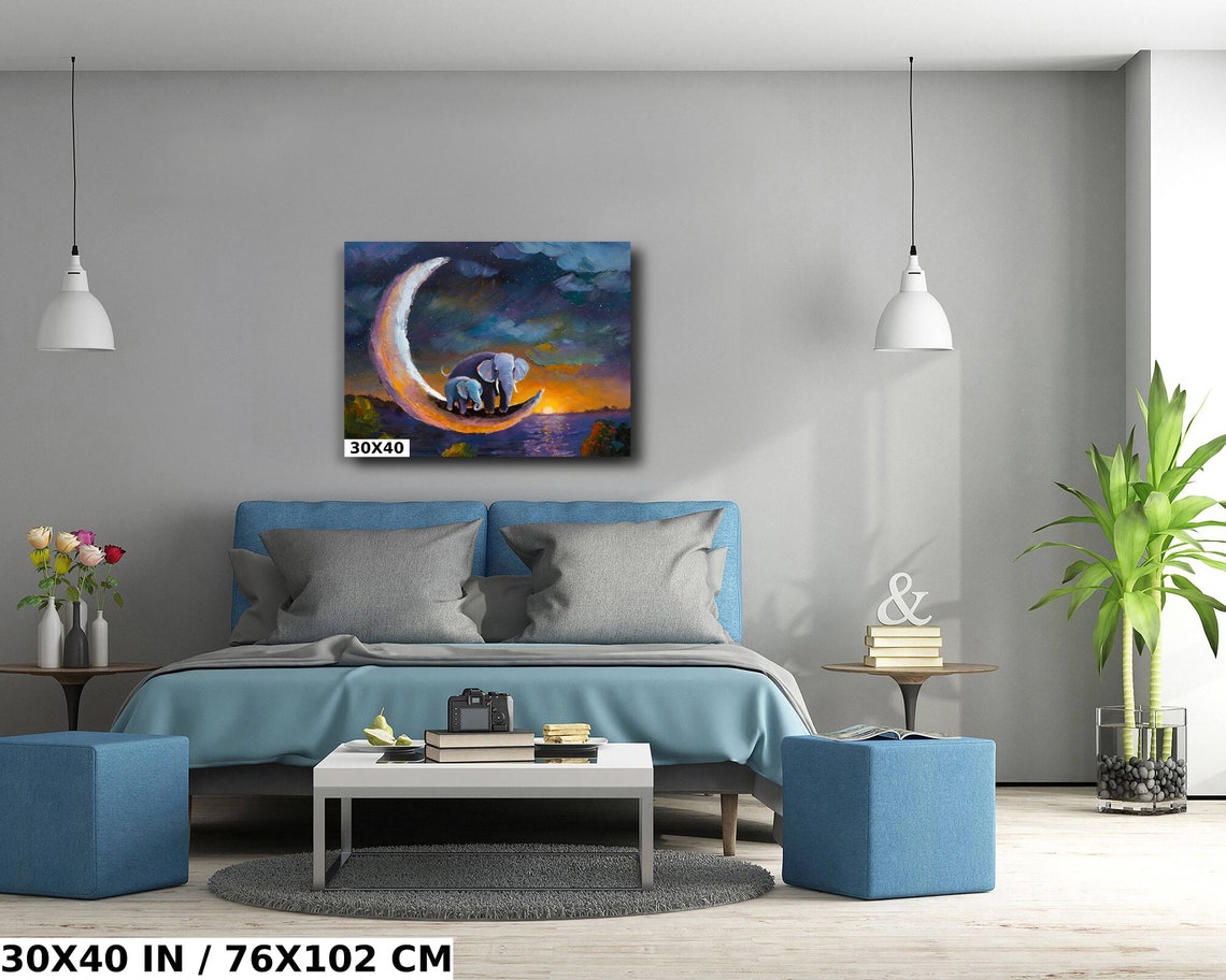 Mother And Baby Elephant On Crescent Moon Ocean Sunset Nursery Poster - Image 5