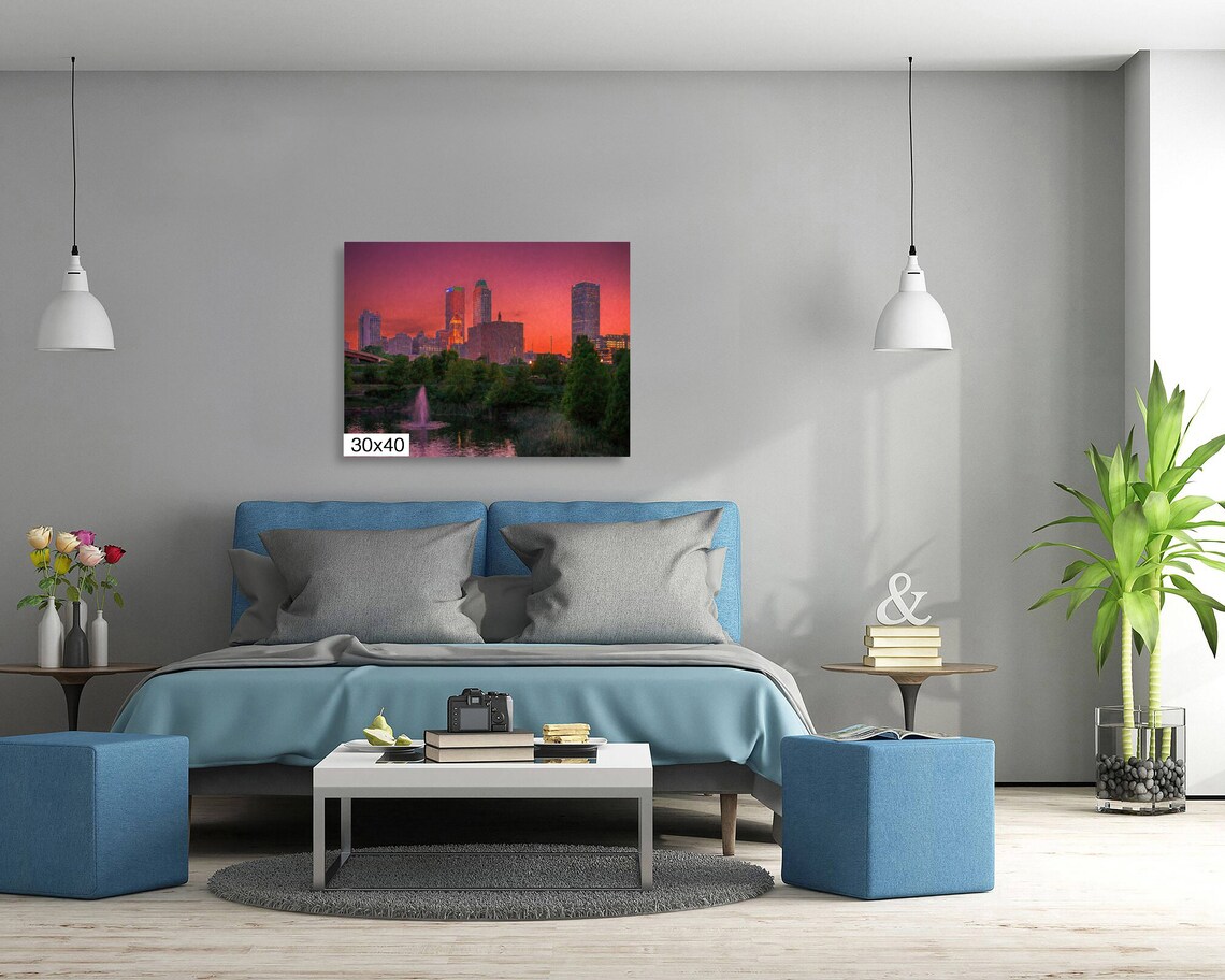 Tulsa Downtown Skyline at Sunset over Lake with Fountain Poster - Image 5