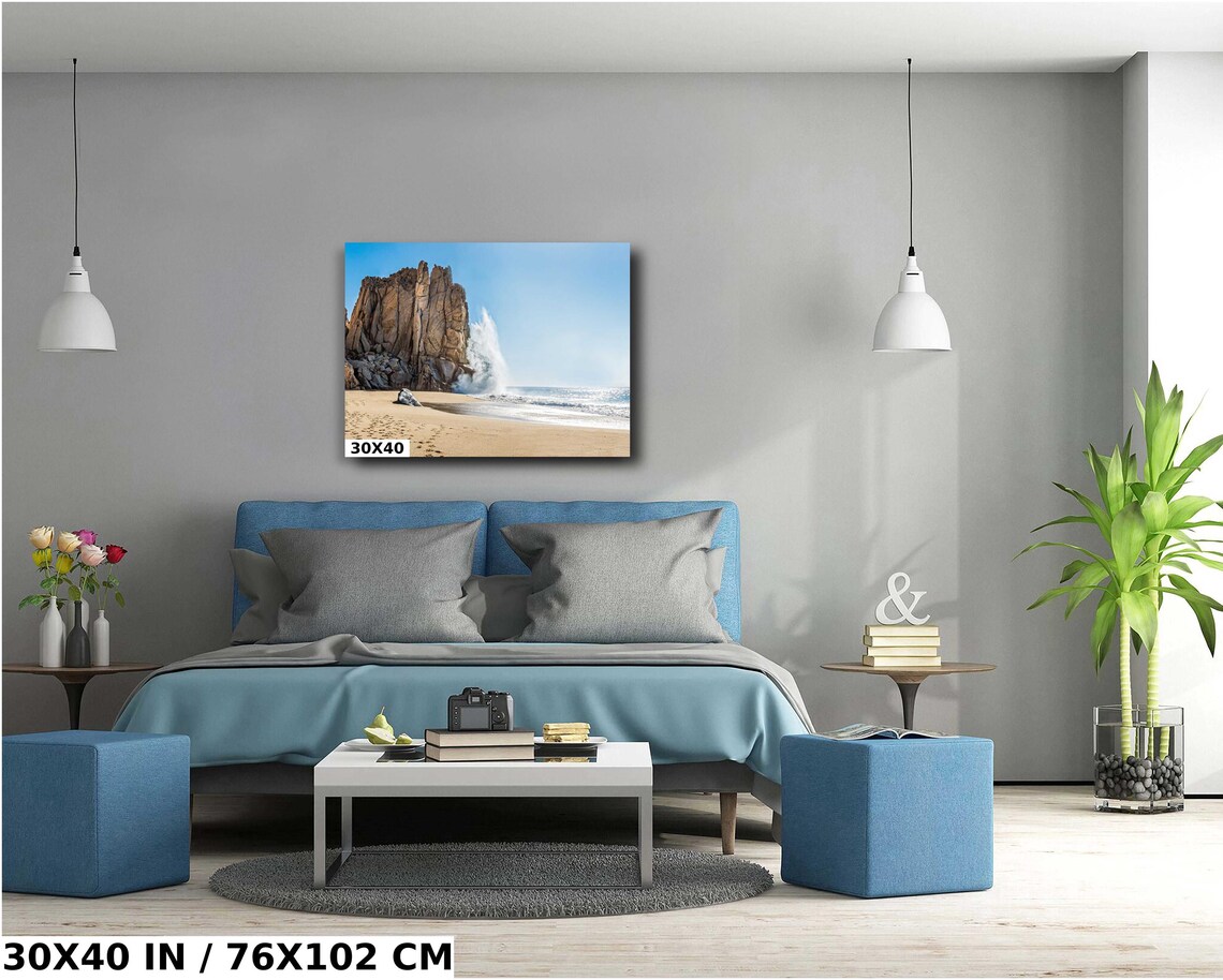 Cabo Rocky Cove Crashing Wave Spray Golden Beach View Poster - Image 5