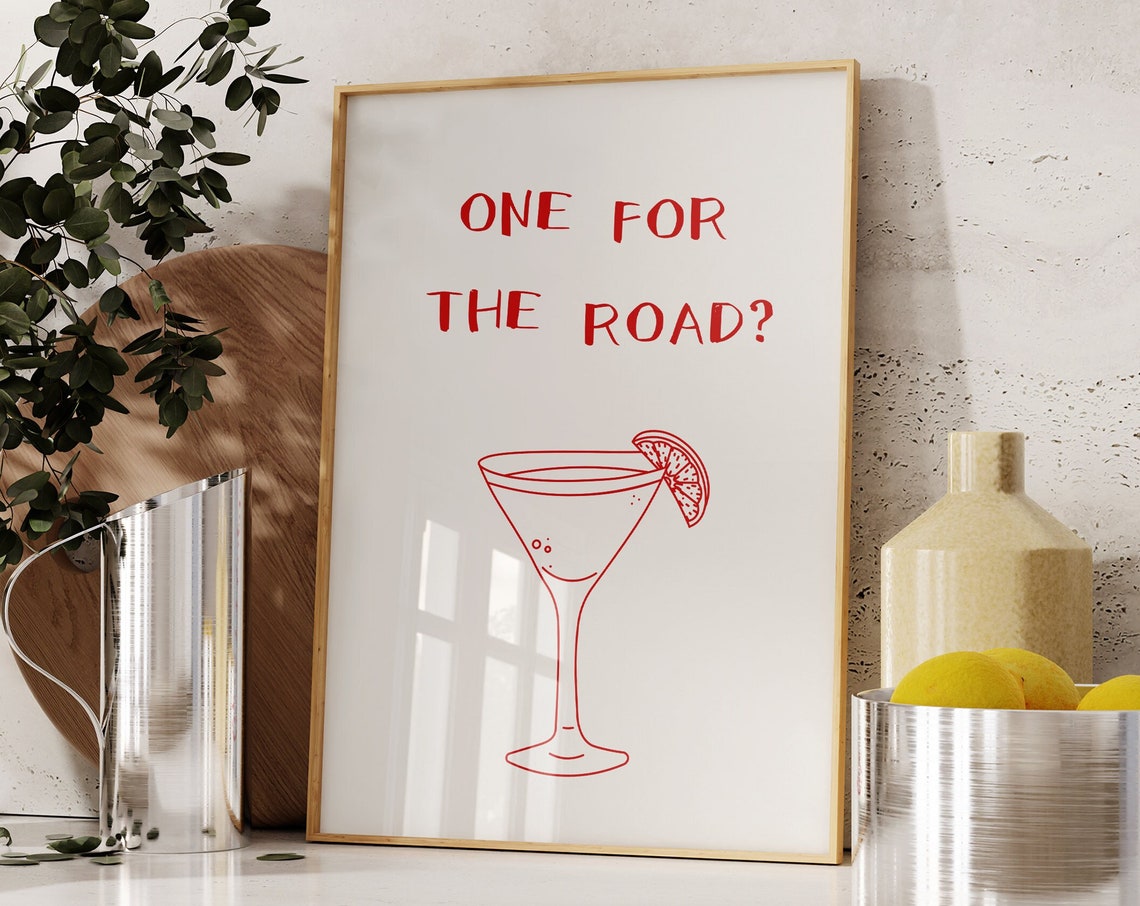 One For The Road Red Martini Cocktail Line Drawing Bar Quote Print - Image 5