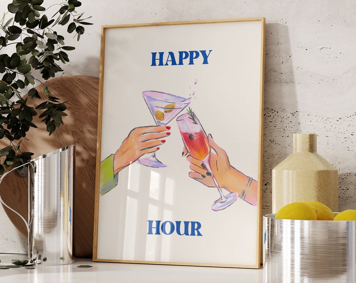 Happy Hour Martini and Spritz Toast Hands Blue Cocktail Bar Poster - Image 4