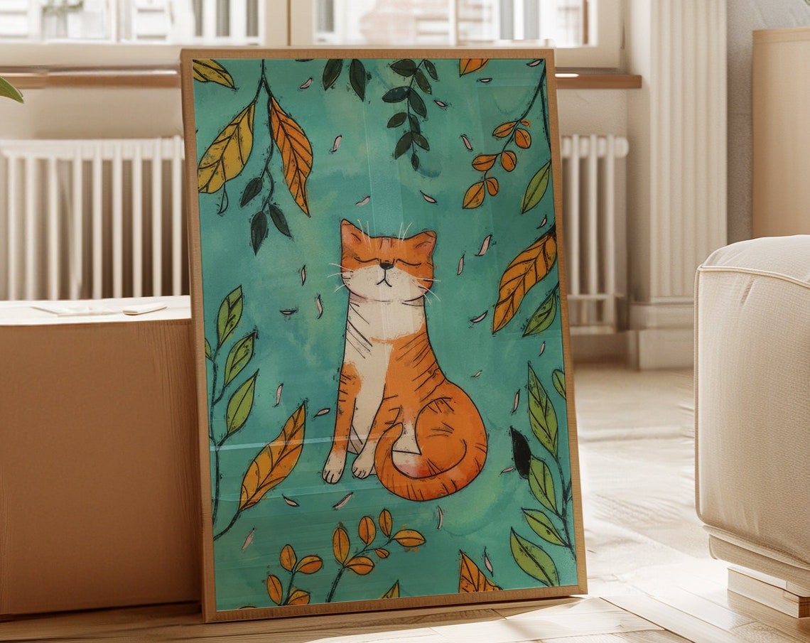 Peaceful Orange Cat Among Falling Leaves Teal Botanical Cat Poster